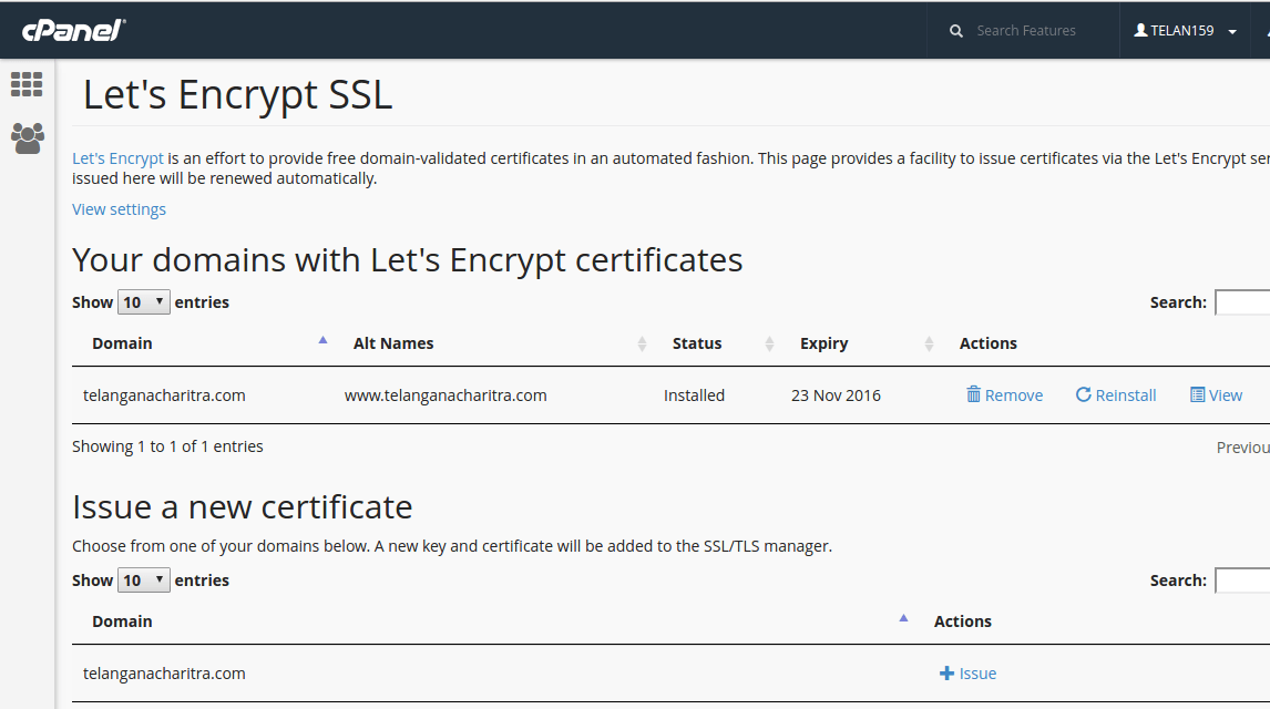 Different options for installing/removing Let's Encrypt from cpanel