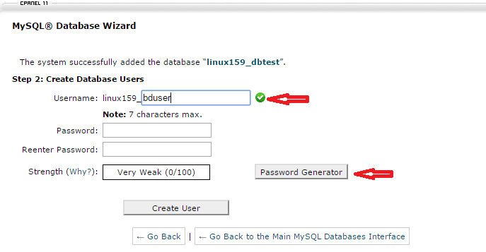 Creating User from MySQL Database Wizard panel