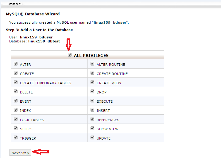 Assigning User privileges to MySQL Database user