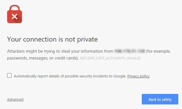 Error on Google Chrome Self Signed Certificate Warning
