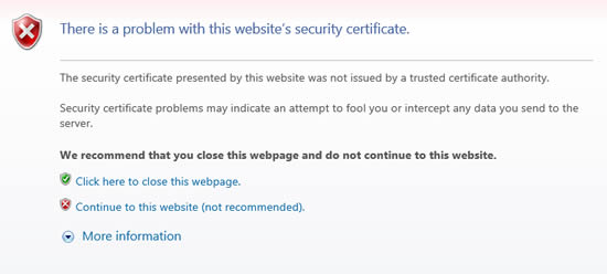 Error on IE browser Self Signed Certificate Warning
