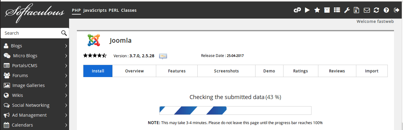 Joomla Installation process in progress