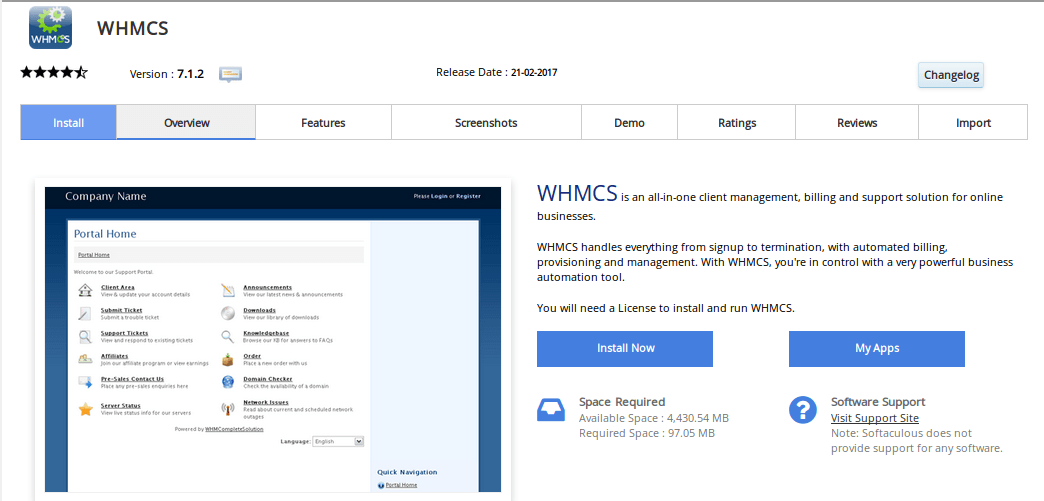 WHMCS Installation dashboard from cpanel softaculous