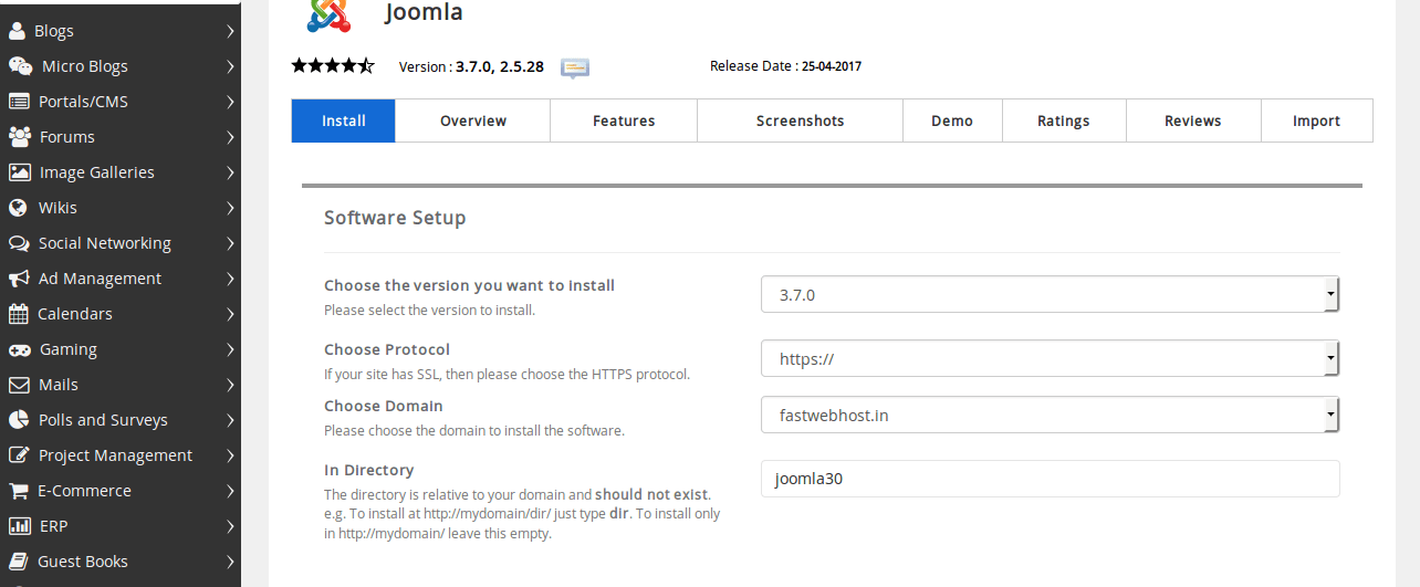 Selecting the domain for Joomla Installation