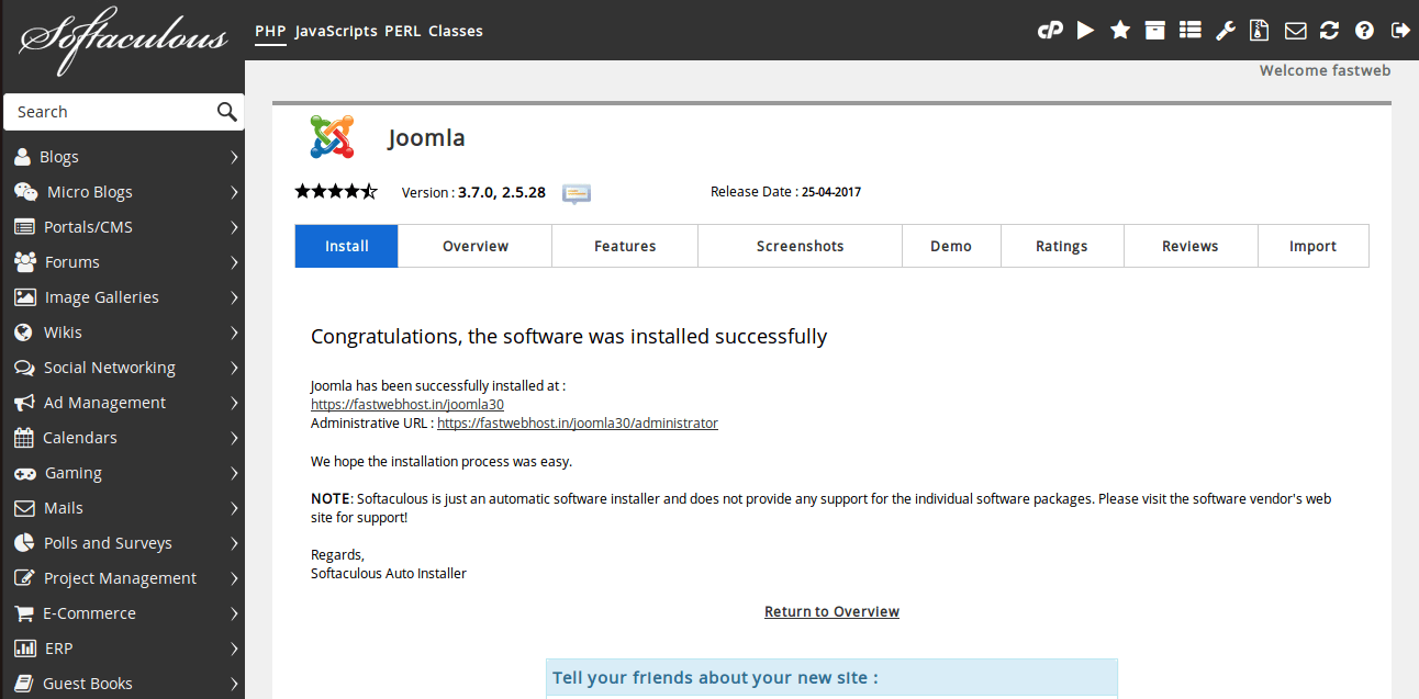 Joomla installation process after completing